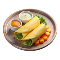 Two Wrapped Crepes with Parsley, Orange Sauce, and Green Dip on Tan Plate with Carrots png
