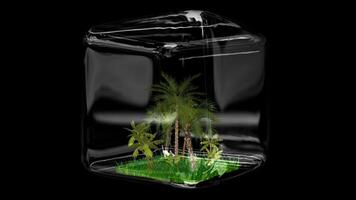 Grass, Palm Trees, Unique Template, Glass Cube, Nature Scene, Looped, Transparent Background, Alpha Channel video