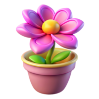 3D Render Flower in Pot with Pink Petals, Yellow Center and Green Leaves png