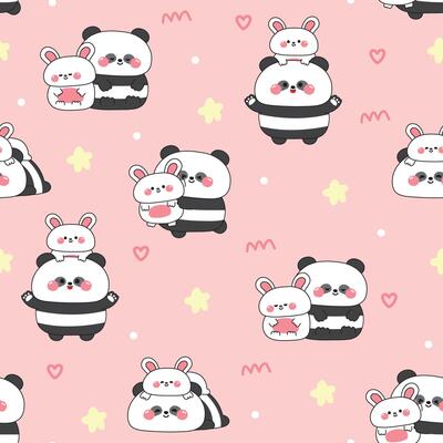 Seamless pattern of cute big panda teddy bear and tiny rabbit stay together with star and heart pastel background.Friendship.Love.Wild and rodent animal character cartoon.Kawaii.Illustration.