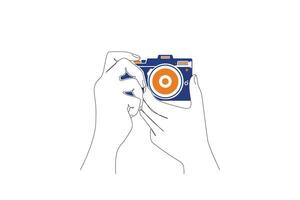 The art of drawing continuous lines in the shape of a hand holding a camera. vector