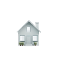 A simple gray house with a chimney and two bushes in front of it on a isolated png
