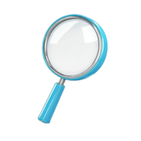 Isolated image of a blue magnifying glass with a silver rim on a plain view from side png