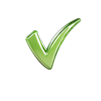 A shiny green check mark isolated against a in a studio shot rendering style png