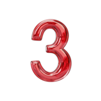 A shiny red number three with a glossy finish against a solid in a studio shot png