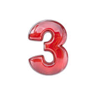 A shiny red number three with a glassy texture isolated against a in high definition png