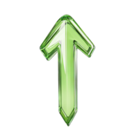 A shiny green glass arrow pointing upwards on a stark in a studio shot setting png