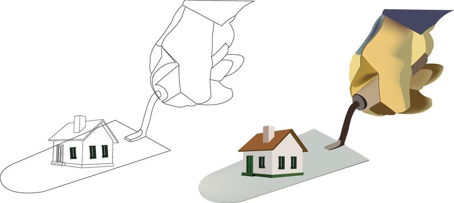 Hand holding a paintbrush and a house