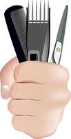 A hand holding a comb, scissors and a comb vector