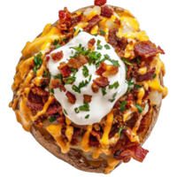 Loaded baked potato with cheddar cheese bacon and sour cream delicious food photography style image png