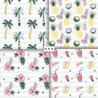 Seamless patterns with tropical flowers, fruits, pineapple, coconut, palm trees. Sketch drawing style. Doodle tropical backckgrounds. vector