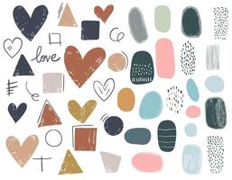 Hand drawn hearts and abstract shapes collection. Dots. Paint strokes, dirty style. Heart doodles set. Grunge texture. vector