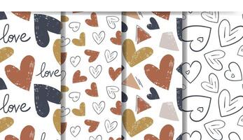 Set of patterns with simple geometric shapes and hand drawn hearts. Doodle backgrounds with cute hearts. Love seamless pattern. vector