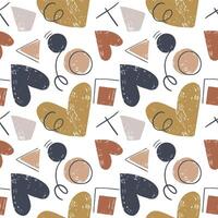 Seamless pattern with doodle geometric shapes and hand drawn hearts. Simple background with cute hearts. vector