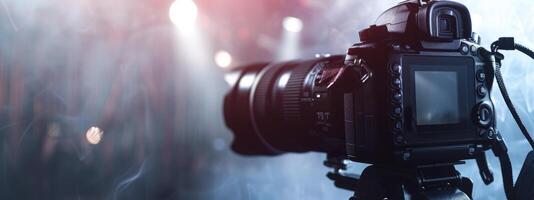 A camera is shown in front of a blurred background photo
