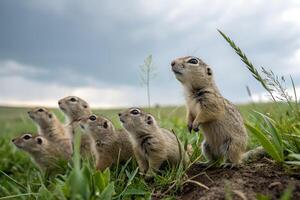 Group of inquisitive ground squirrels standing and gazing upward in a lush green field photo