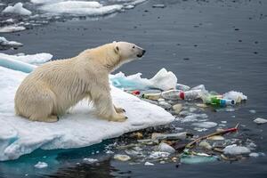 Polar bear on ice surrounded with plastic bottles, representing environmental pollution photo