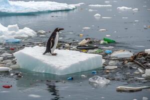 Penguin on ice surrounded with plastic bottles, representing environmental pollution photo