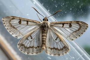 Detailed macro shot of moth with intricate wing patterns, showcasing delicate textures and vibrant natural beauty up close photo
