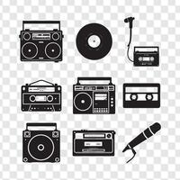 Retro music clipart collection cassette, microphone, boombox, record design with transparent backgroundnt background vector