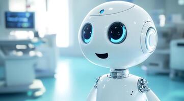 Friendly Robot in a Medical Setting Close-up of a cute AI assistant with a cheerful expression. photo