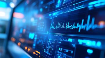 Illuminated display screen showing waveforms and data graphs in blue conveying technology and analysis. photo