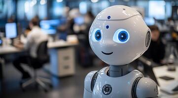 Friendly Robot A white humanoid robot with glowing blue eyes and a smile stands in a modern office setting. photo