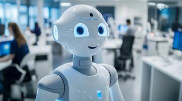 Futuristic humanoid robot in a modern office environment exemplifying advanced technology in the workplace. photo