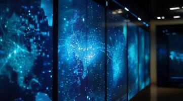 Digital World Map Displayed on Multiple Screens. photo