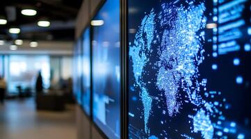 Displays showing a digital world map with blue illuminated dots in a modern office setting. photo