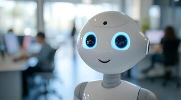 Friendly robot with glowing eyes in a modern office representing technology and artificial intelligence. photo