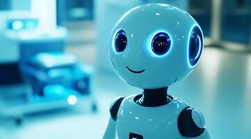 Friendly Robot a smiling humanoid robot with glowing blue eyes conveys a sense of futuristic charm. photo