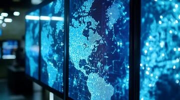 Global Digital Network Illuminated world map displayed on monitors in a darkened room data visualization. photo
