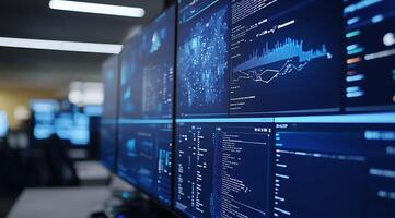 Data analysis center displaying complex charts and code on multiple monitors a visual information hub. photo