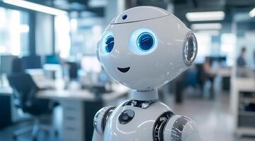 Friendly Robot in an office environment white AI humanoid with a smiling face ready to assist people. photo