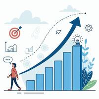 a man walking towards a graph with an arrow going up vector