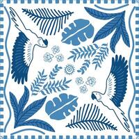 Blue tropical tile, scarf, square seamless pattern with palm leaves, parrot, flowers, geometric check ornament, jungle elements, summer vacation print. Cute background, textile design, print. vector