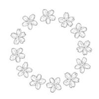wreath with cute flowers. Illustration of a round frame with cute sakura, cherry blossom flowers. black and white hand-drawn graphics. Round frame with space for text, greeting, postcard vector