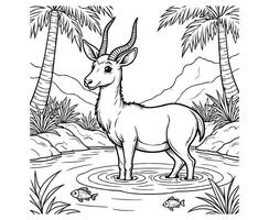 Saiga Antelope Splashing in a Jungle , Summer coloring page vector