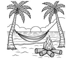 Sunset Beach Scene with Hammock, Bonfire, and Palm Trees Summer coloring page vector
