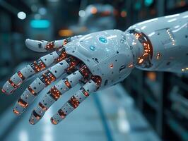 Futuristic Robotic Hand with Glowing Tech Lights white photo