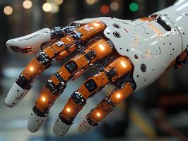 Futuristic Robotic Hand with Glowing Tech Lights orange colour photo