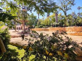 Scenic zoo exhibit under a bright sky. Lush greenery frames an enclosure with naturalistic rock formations. Perfect for travel, nature, or conservation concepts. photo