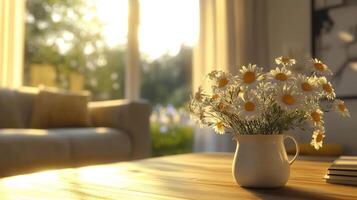 High-tech living room with a vase of daisies illuminated by sunlight during the golden hour photo