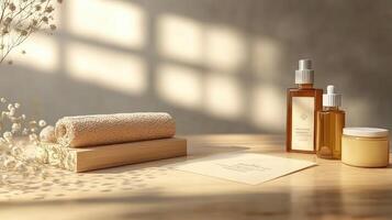 Tranquil spa setting with essential oils, natural towels, and inviting light showcasing wellness and relaxation photo