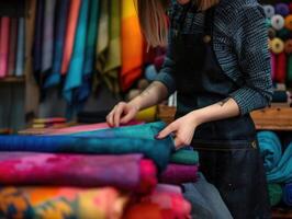 Tailor at work in a shop surrounded by vibrant fabrics and textiles during a busy crafting session photo