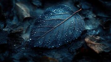 A close-up of a wet leaf on a dark surface. photo