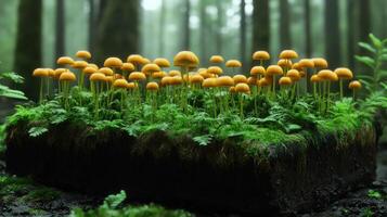 A cluster of vibrant orange mushrooms in a forest. photo