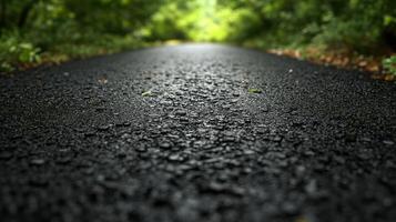 A close-up view of a wet asphalt road. photo
