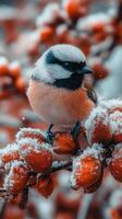 A colorful bird perched on snowy branches. generated photo